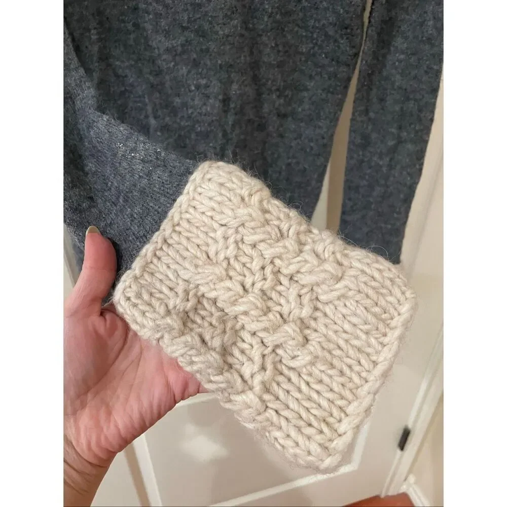 Tory Burch Grey & Off White Cable Knit Neck & Cuffs Turtleneck Sweater